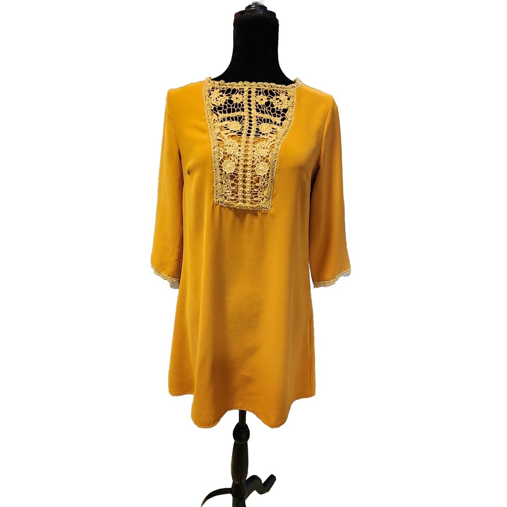 Altar'd State Womens Sx S Shift Dress Mustard Yellow Crochet Lace Boho Festival